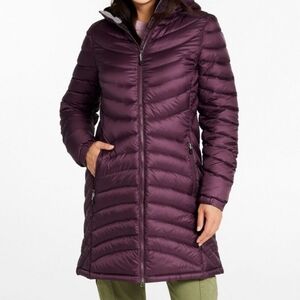 L.LBean Women's Ultralight 850 Down Hooded Coat Three Quarter Length Dark Plum L